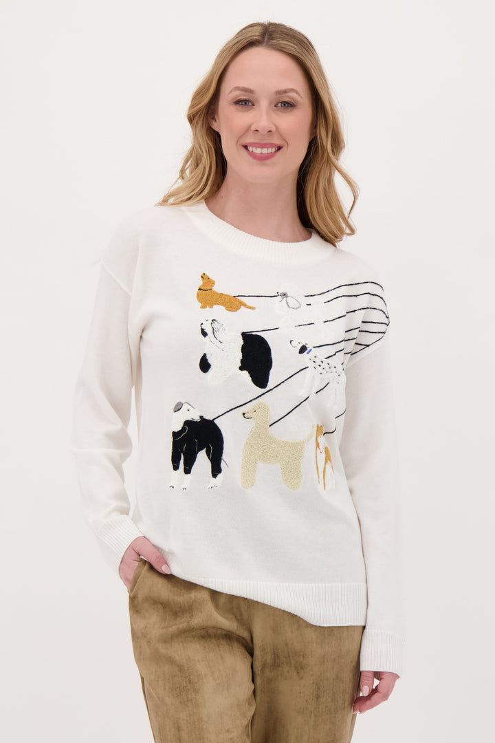GABBY ISABELLA Fall 2025 
Stay cozy and cute in this Multi Dogs Sweater, featuring a playful stitch of fuzzy doggies on the move! 