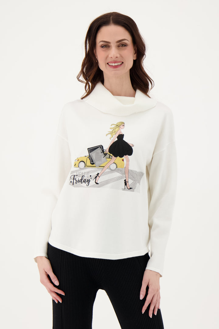 GABBY ISABELLA Fall 2025
 Featuring a standout cowl neck and neat back stitching, this playful piece adds charm with a cute shopping girl motif on the front.  