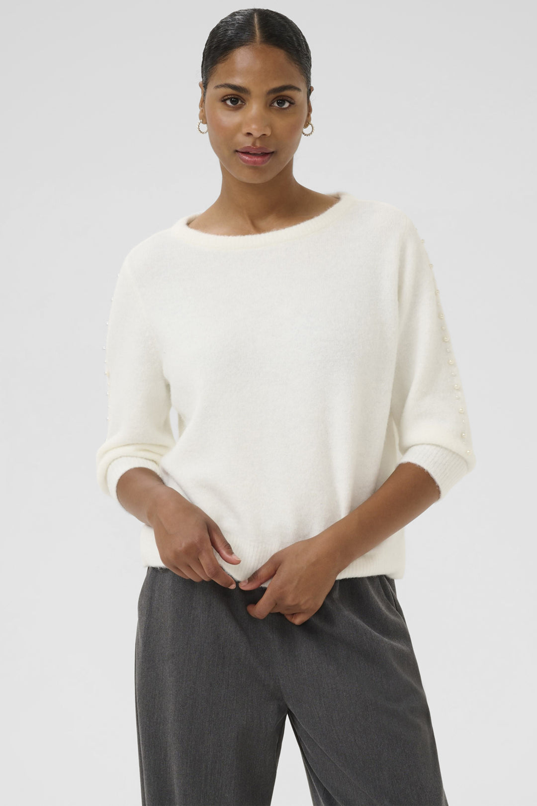 SWEATER TOP WITH PEARL SLEEVE DETAILS
