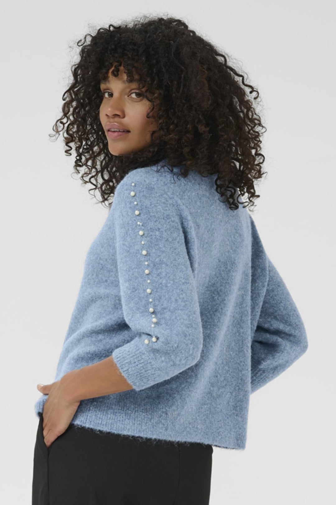 SWEATER TOP WITH PEARL SLEEVE DETAILS