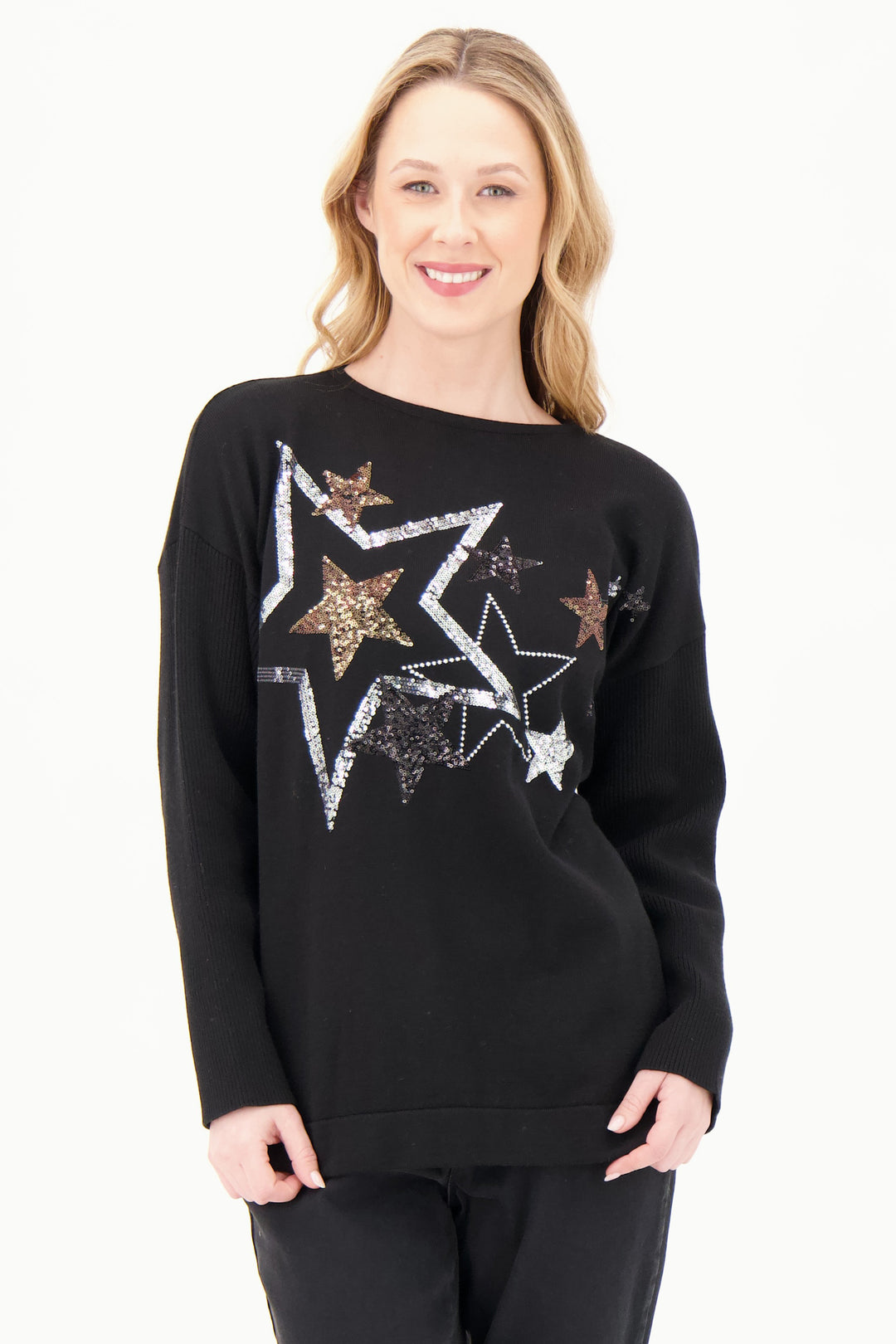 GABBY ISABELLA Fall 2025 
Shine bright with the Multi Stars Crew Sweater! Featuring sparkling sequin stars scattered across a light, non-bulky fabric, this cozy sweater adds a playful sparkle to any outfit. 