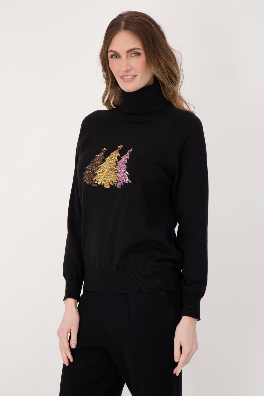 SEQUIN TREES T-NECK SWEATER
