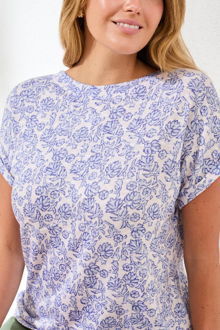 Woman wearing a blue floral patterned shirt against a white background