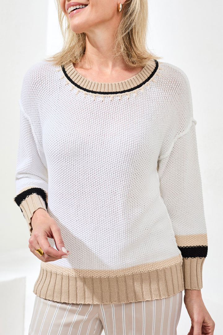 CREW NECK SWEATER TOP WITH CONTRAST STITCH