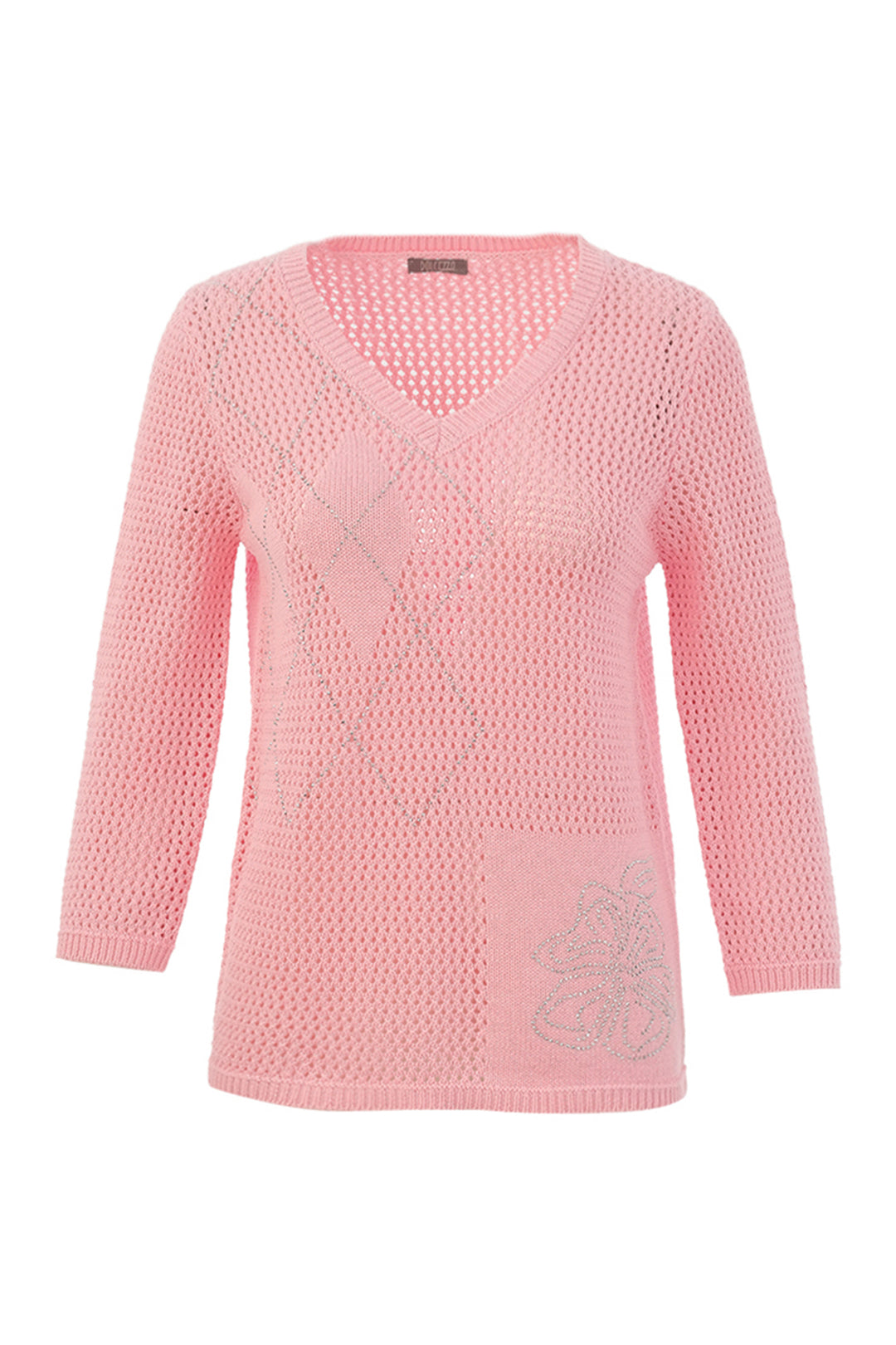 Pink knitted sweater with a flower design on a white background