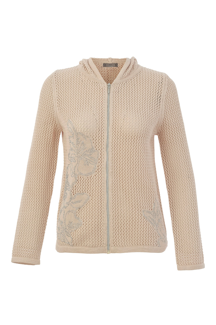 Beige knit cardigan with a zipper on a white background