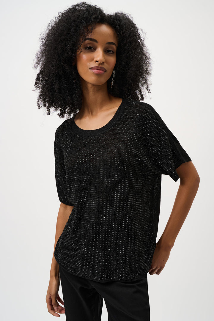 METALLIC KNIT SS TOP WITH RHINESTONES