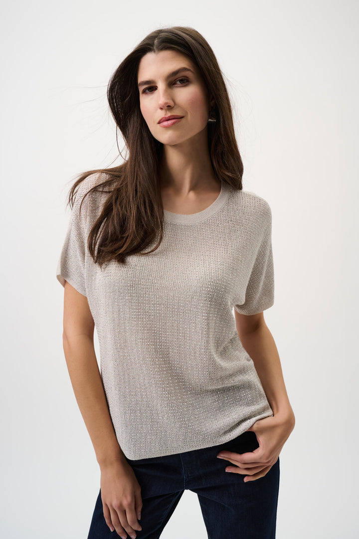 METALLIC KNIT SS TOP WITH RHINESTONES