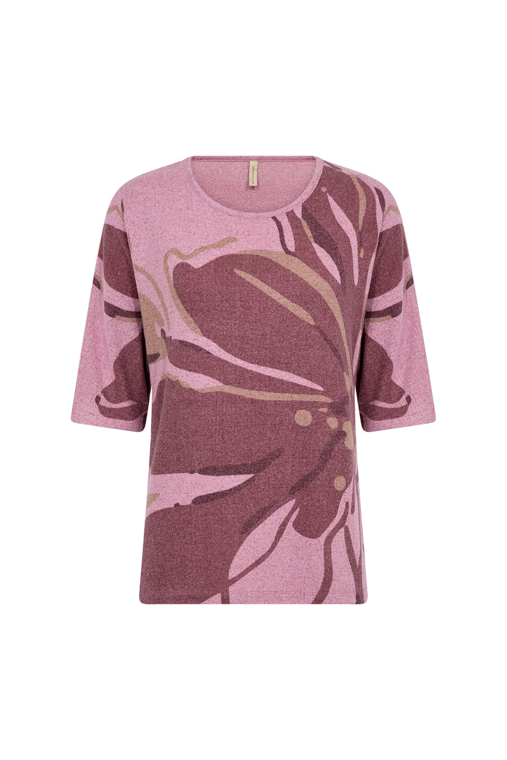 women's light pink pullover sweater with flower front design on a white background. 