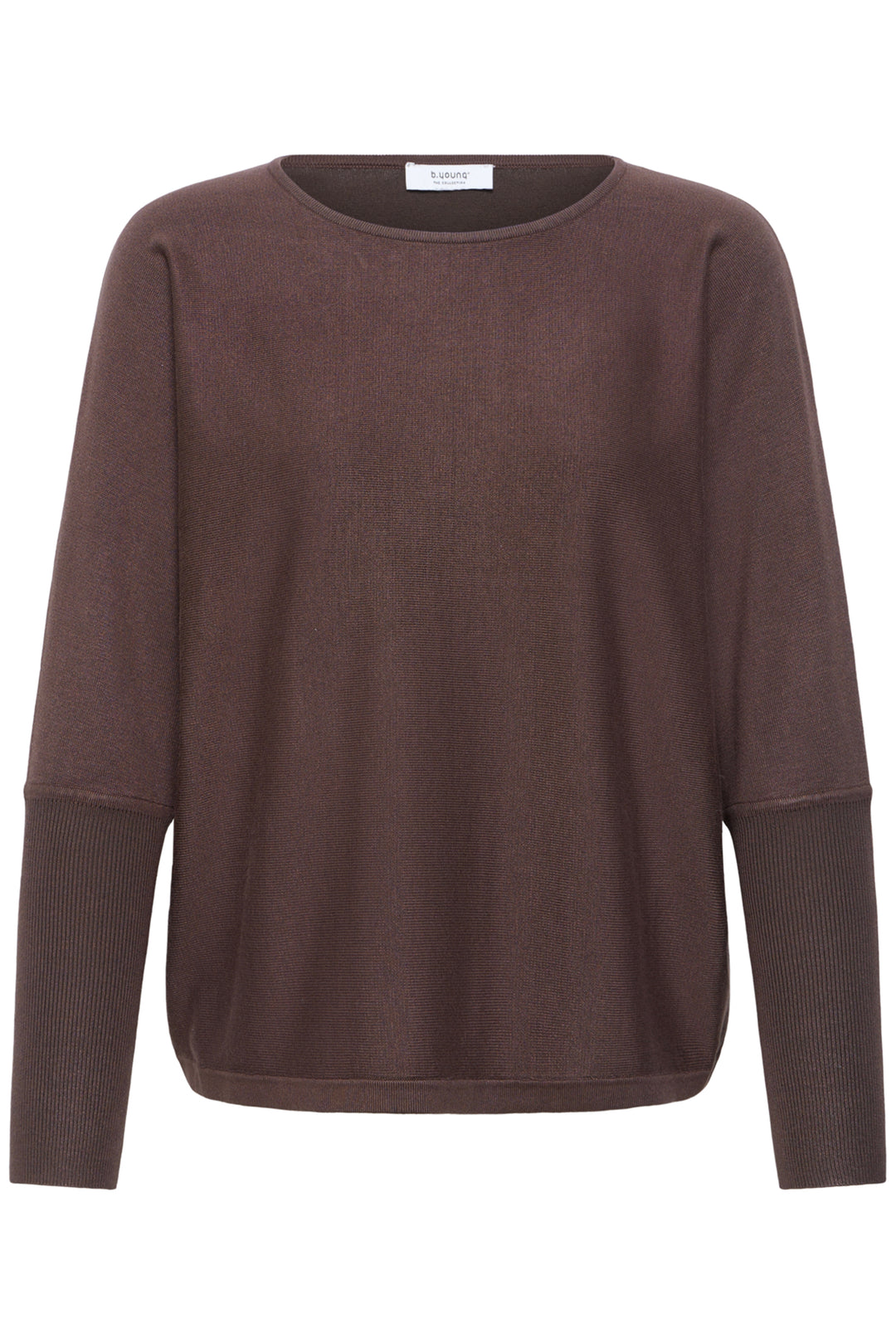 A dark brown long-sleeve knit sweater with a crew neck, displayed on a clean white background.