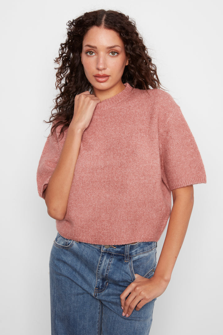 A woman with curly dark hair wearing a dusty rose pink short-sleeve knit top and blue jeans, posing against a light gray studio background.