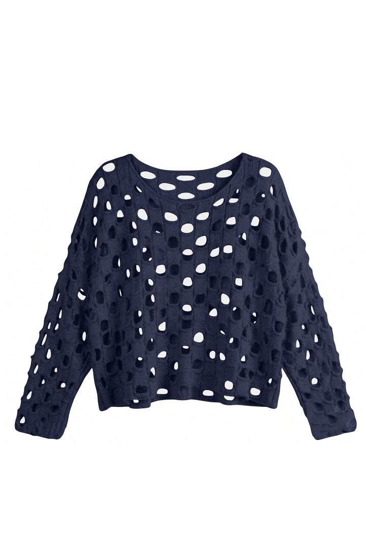 A navy blue long-sleeve knit top with an open, eyelet crochet pattern, displayed against a solid white background.