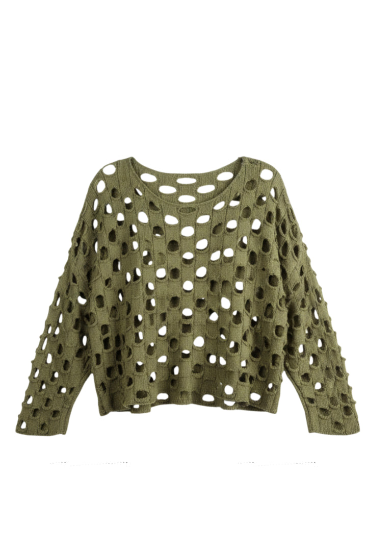 An olive green open-knit long-sleeve crop top with a crew neck, displayed against a plain white background.