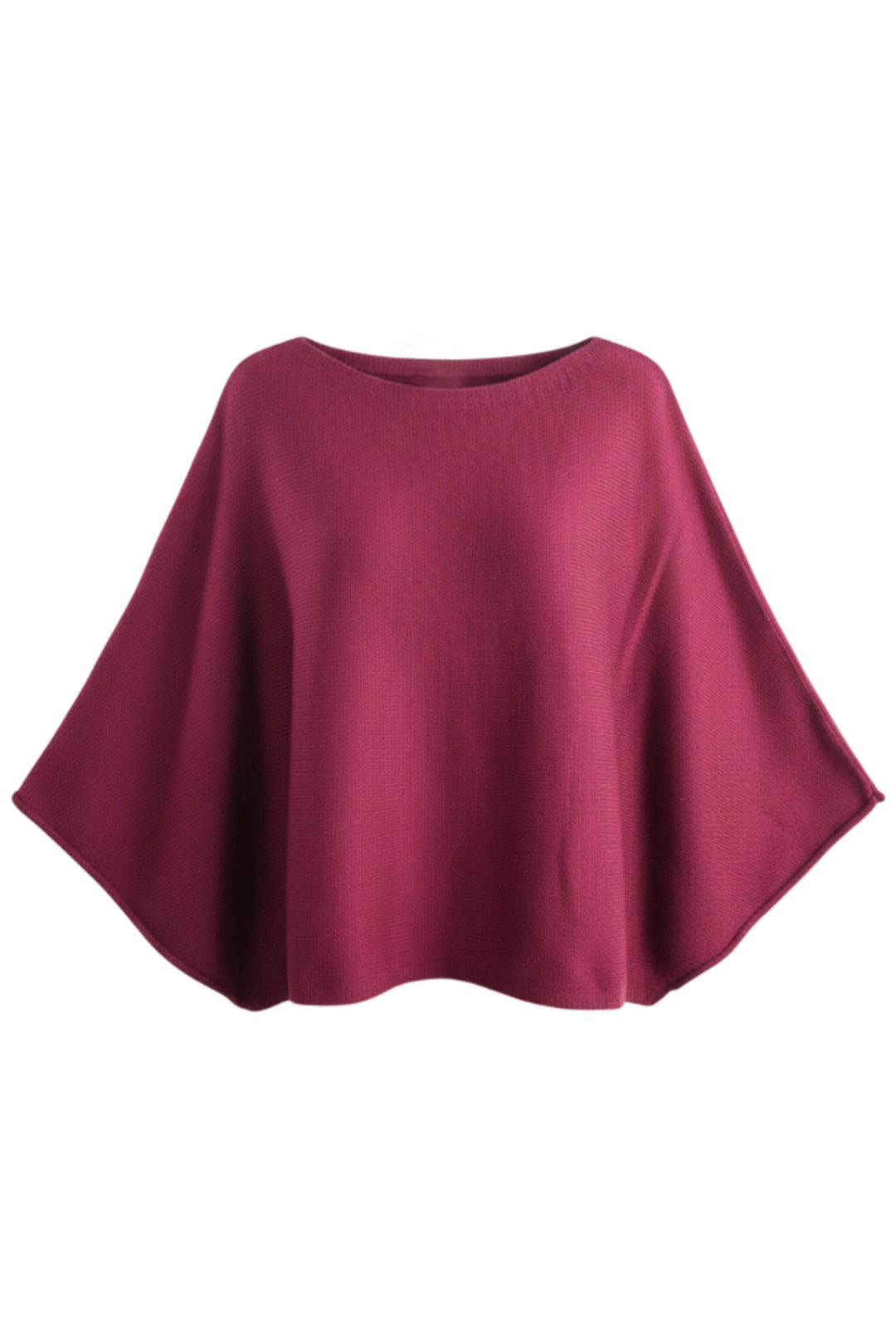 A solid burgundy knit poncho top with a wide, draped silhouette, shown against a plain white background.