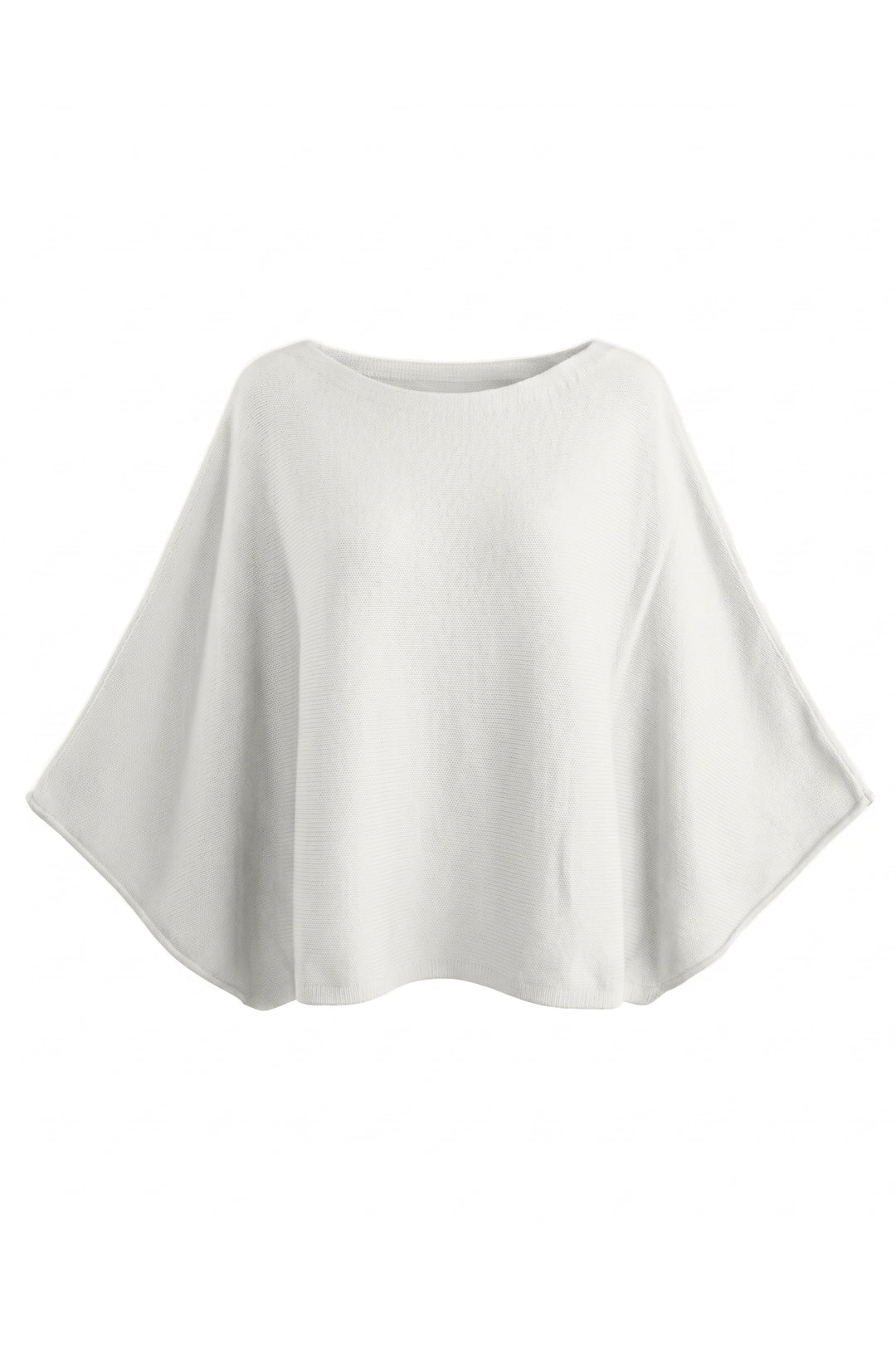A white knit poncho-style top with a wide crew neckline and draped, cape-like silhouette, shown on a plain white background.
