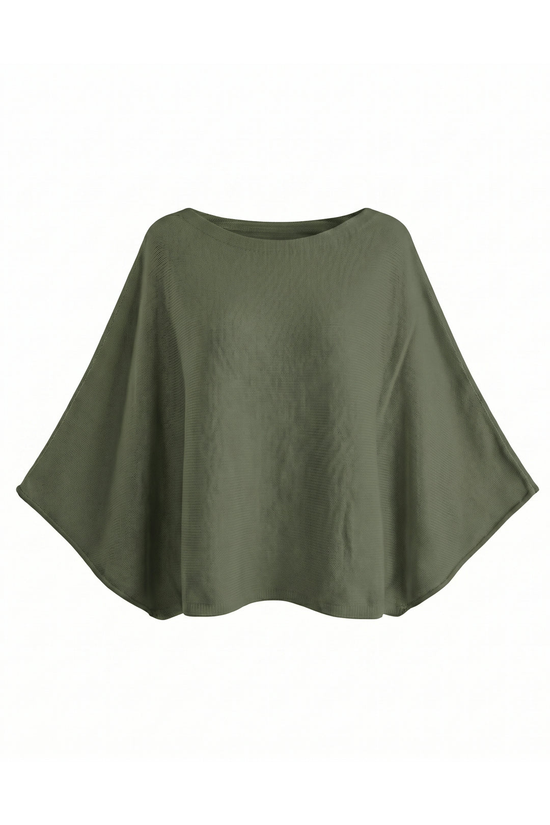 An olive green poncho-style top with a wide boat neckline, displayed against a plain white background.