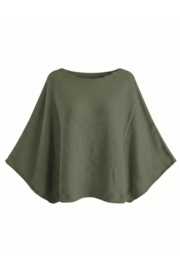 An olive green poncho-style top with a wide boat neckline, displayed against a plain white background.