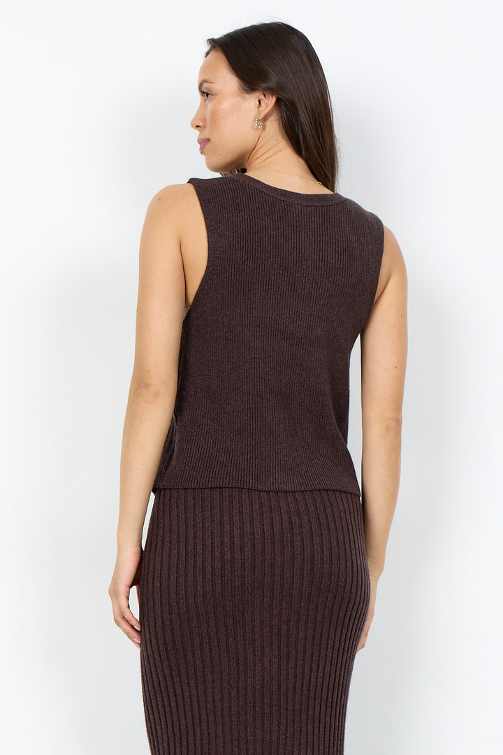 A woman shown from the back wearing a sleeveless ribbed knit top and matching ribbed knit skirt in a dark brown color, set against a plain white studio background.