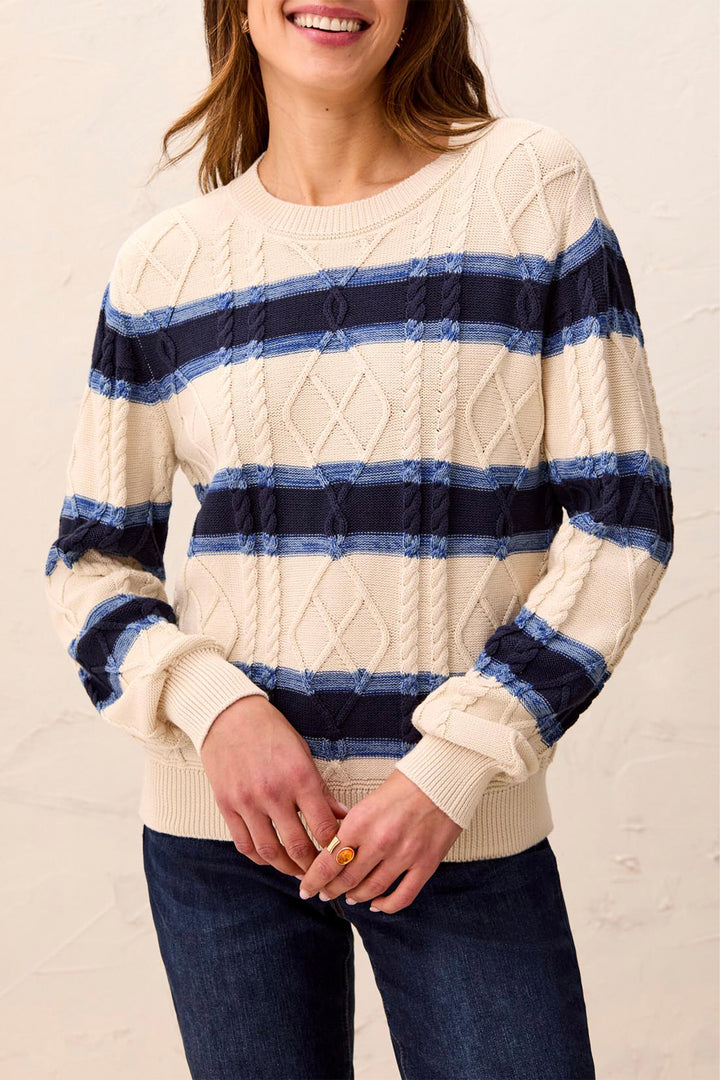 A woman wearing a cream cable-knit sweater with horizontal navy and medium blue stripes, paired with dark blue jeans, against a light beige textured wall.