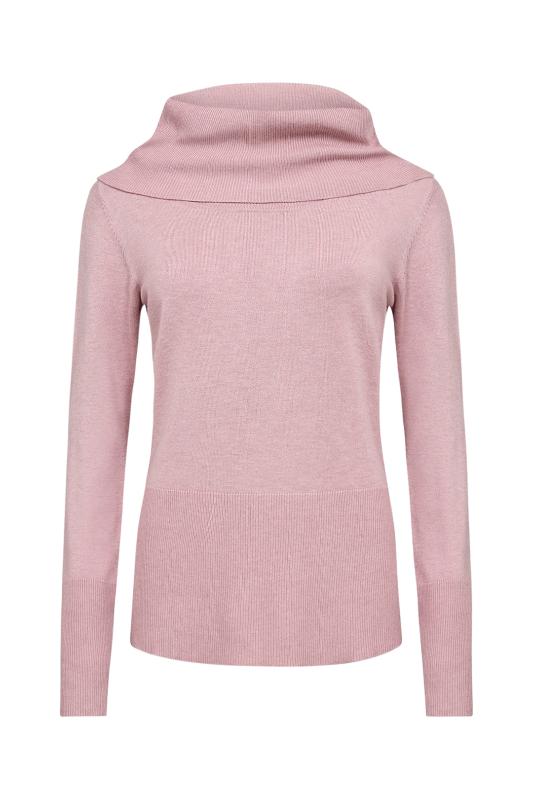 A dusty pink long-sleeve knit sweater with a wide cowl neck, displayed on a clean white background.