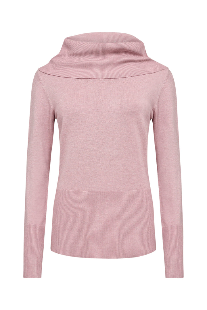 A dusty pink long-sleeve knit sweater with a wide cowl neck, displayed on a clean white background.