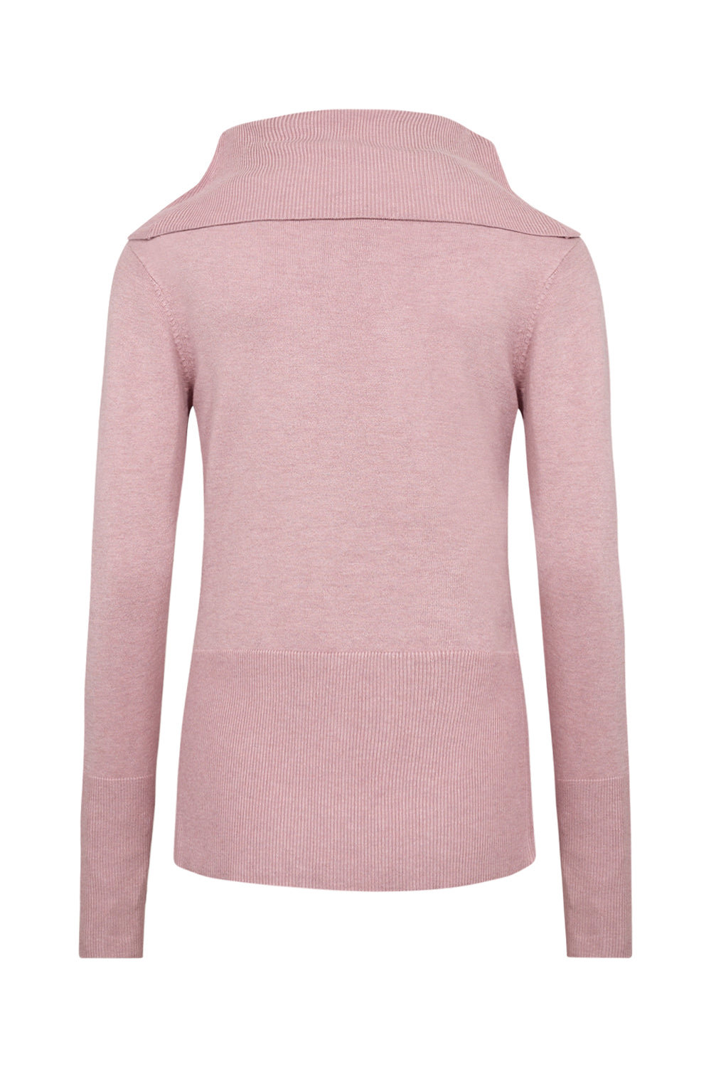 A light pink ribbed knit sweater with a high mock neck collar, shown from the back on a plain white background.