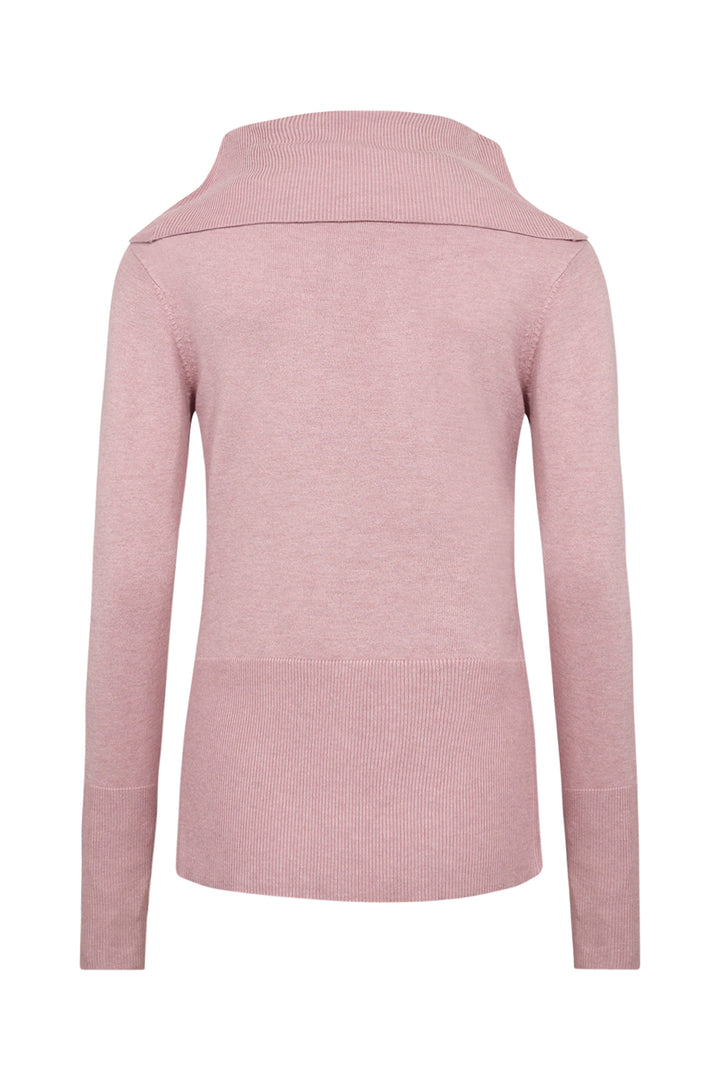 A light pink ribbed knit sweater with a high mock neck collar, shown from the back on a plain white background.