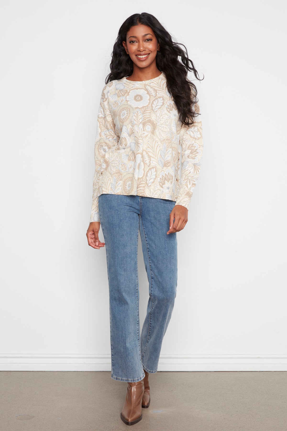 SOFT FLORAL LS SWEATER TOP WITH SIDE BUTTONS – Aldila Boutique