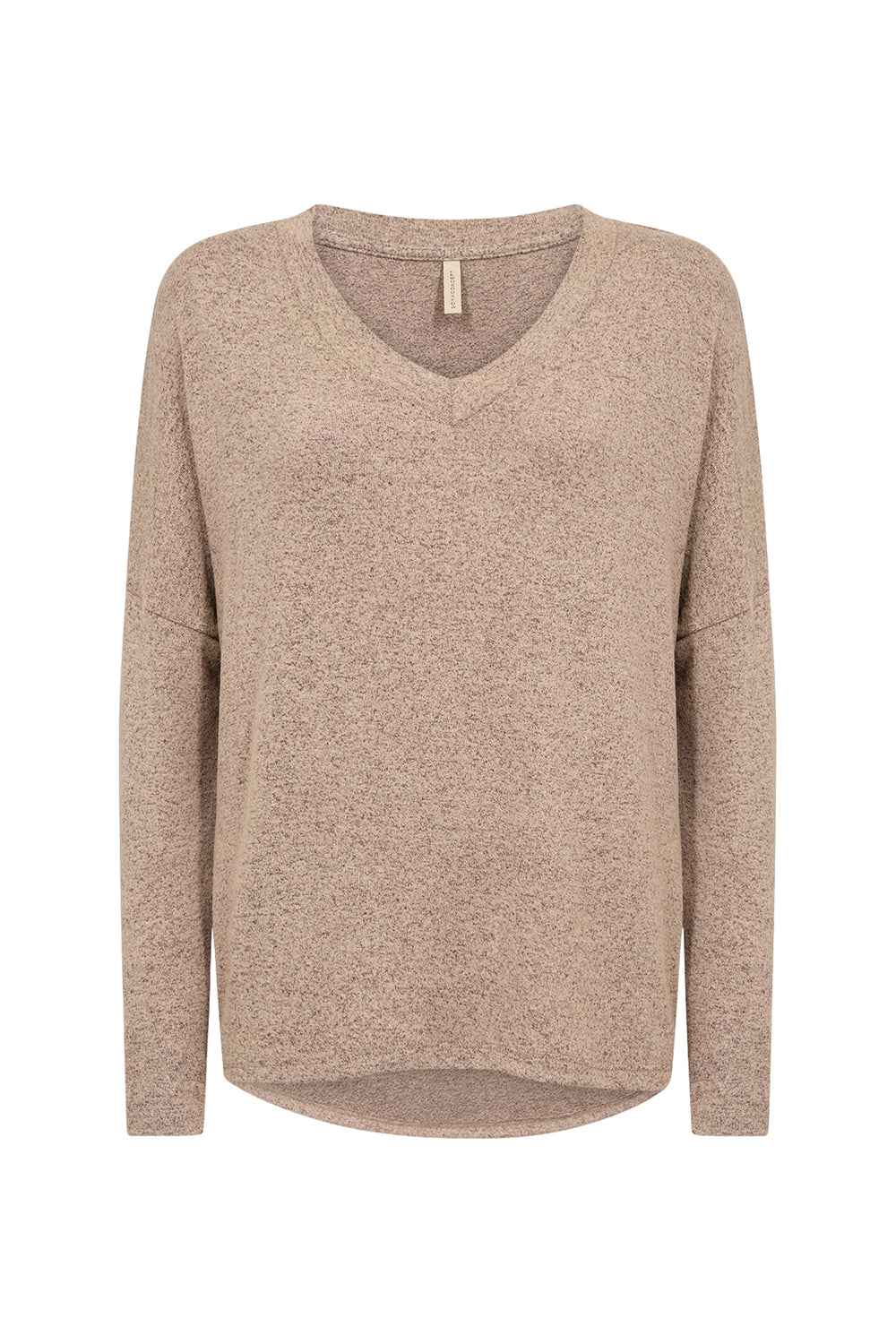 A women's long-sleeve V-neck knit sweater in a heathered taupe-beige color, shown against a plain white background.