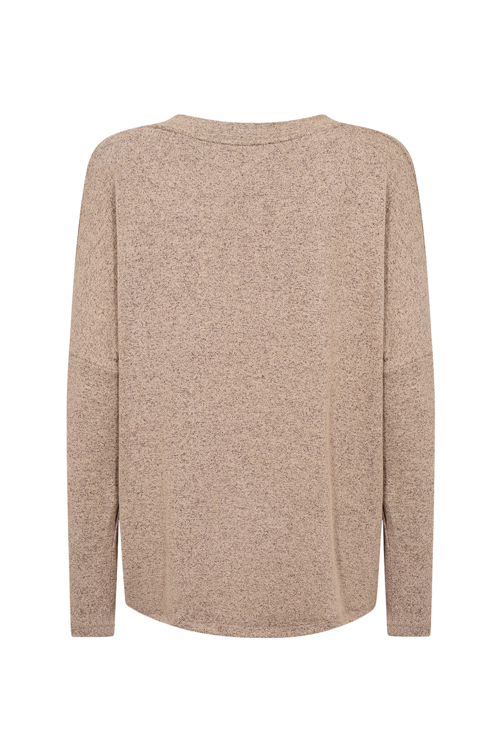 A long-sleeve knit sweater in a heathered taupe-beige color, shown from the back on a plain white background.