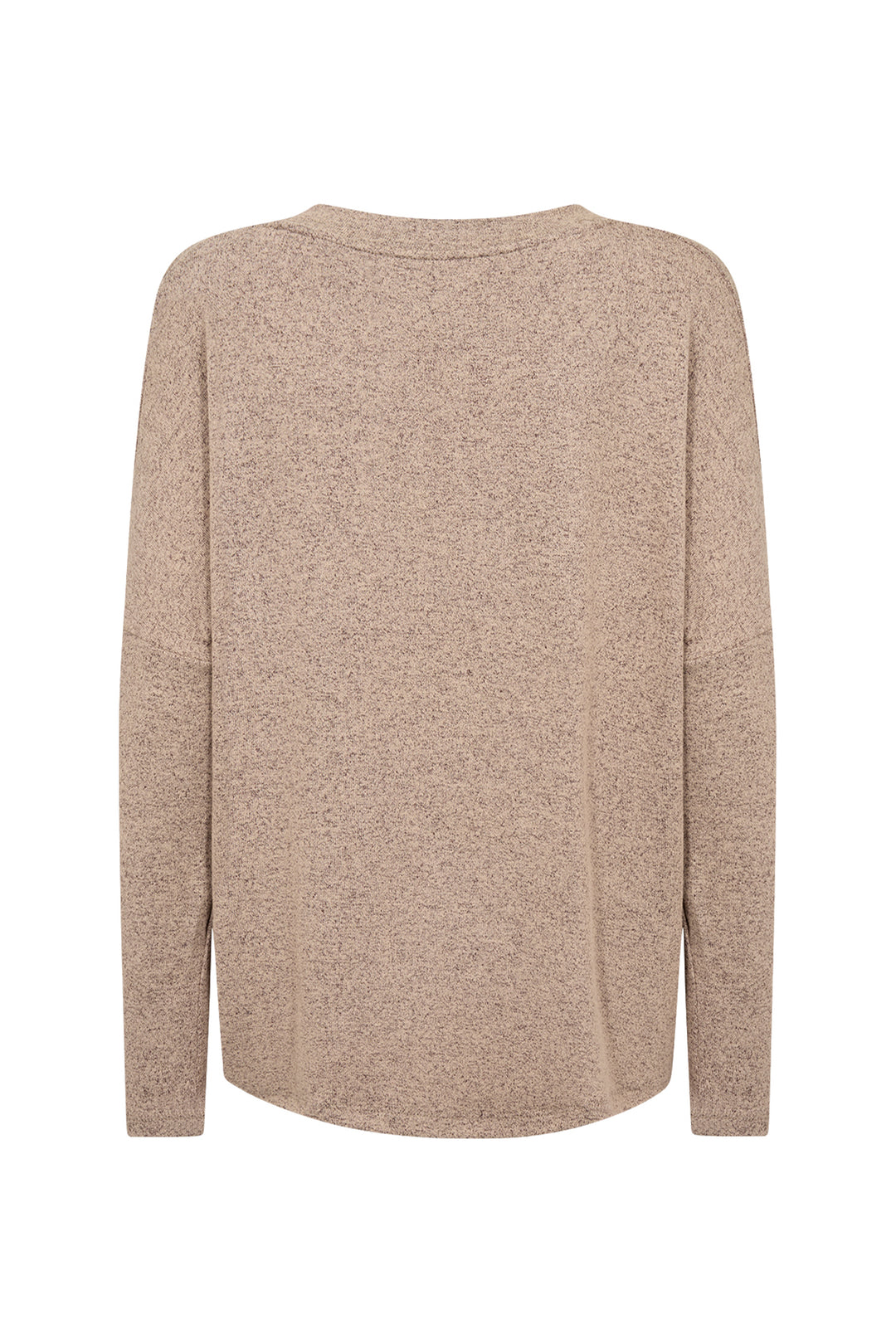 A long-sleeve knit sweater in a heathered taupe-beige color, shown from the back on a plain white background.