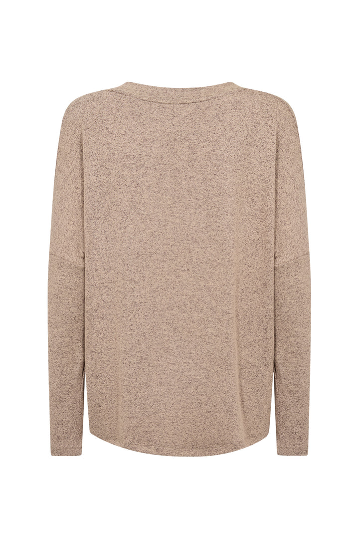 A long-sleeve knit sweater in a heathered taupe-beige color, shown from the back on a plain white background.
