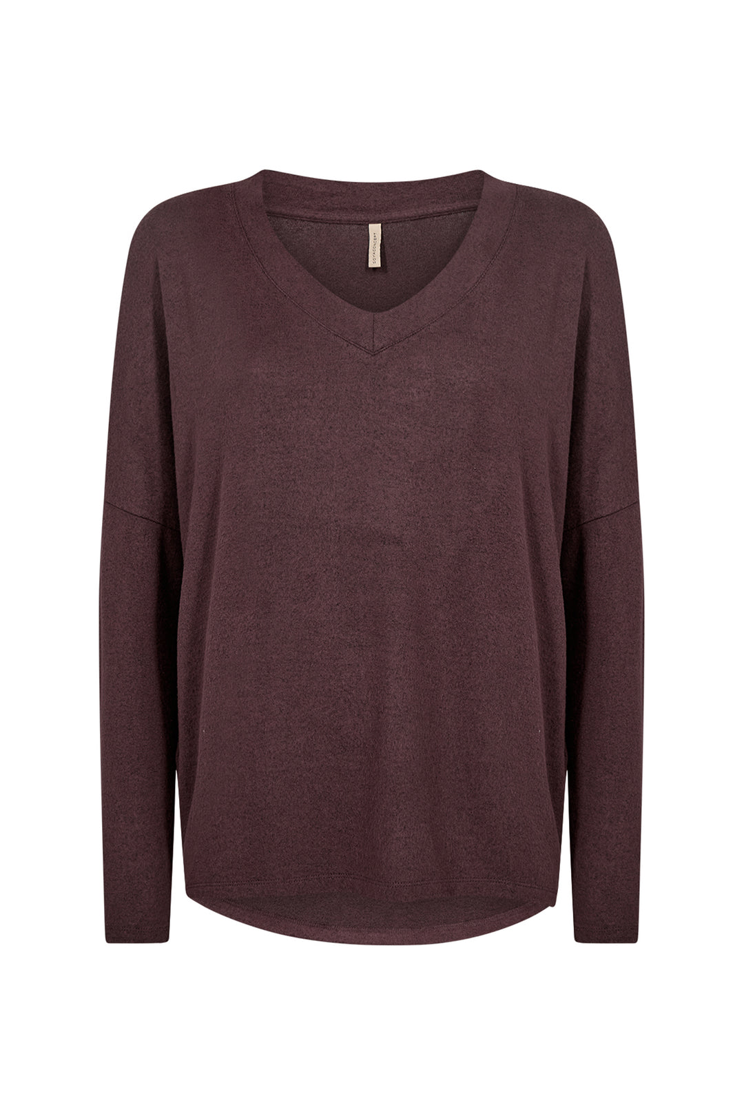 A dark plum purple long-sleeve V-neck knit top, displayed on a clean white background.