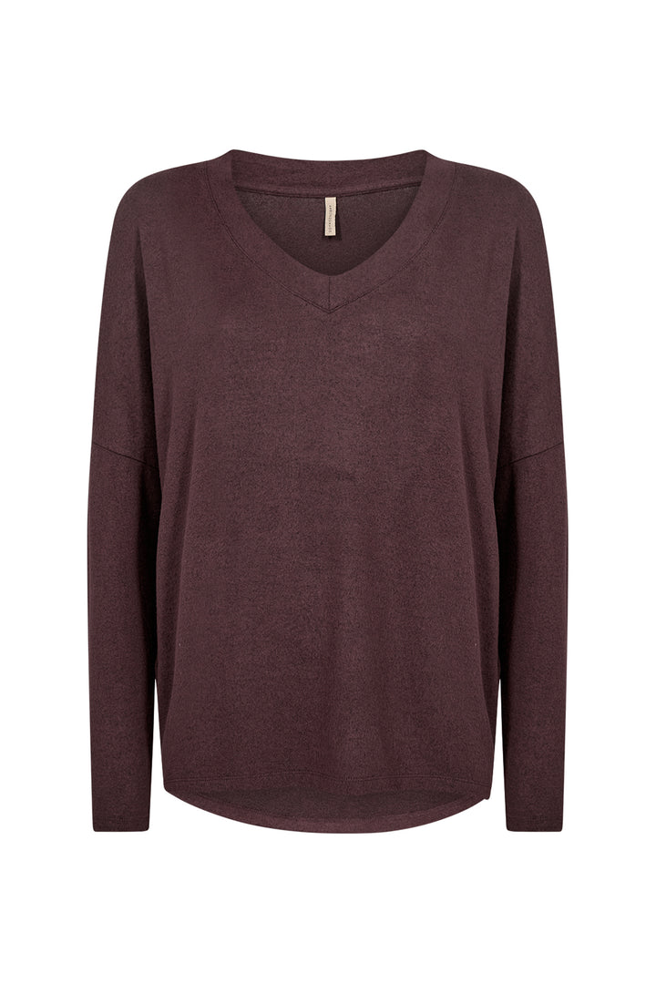 A dark plum purple long-sleeve V-neck knit top, displayed on a clean white background.