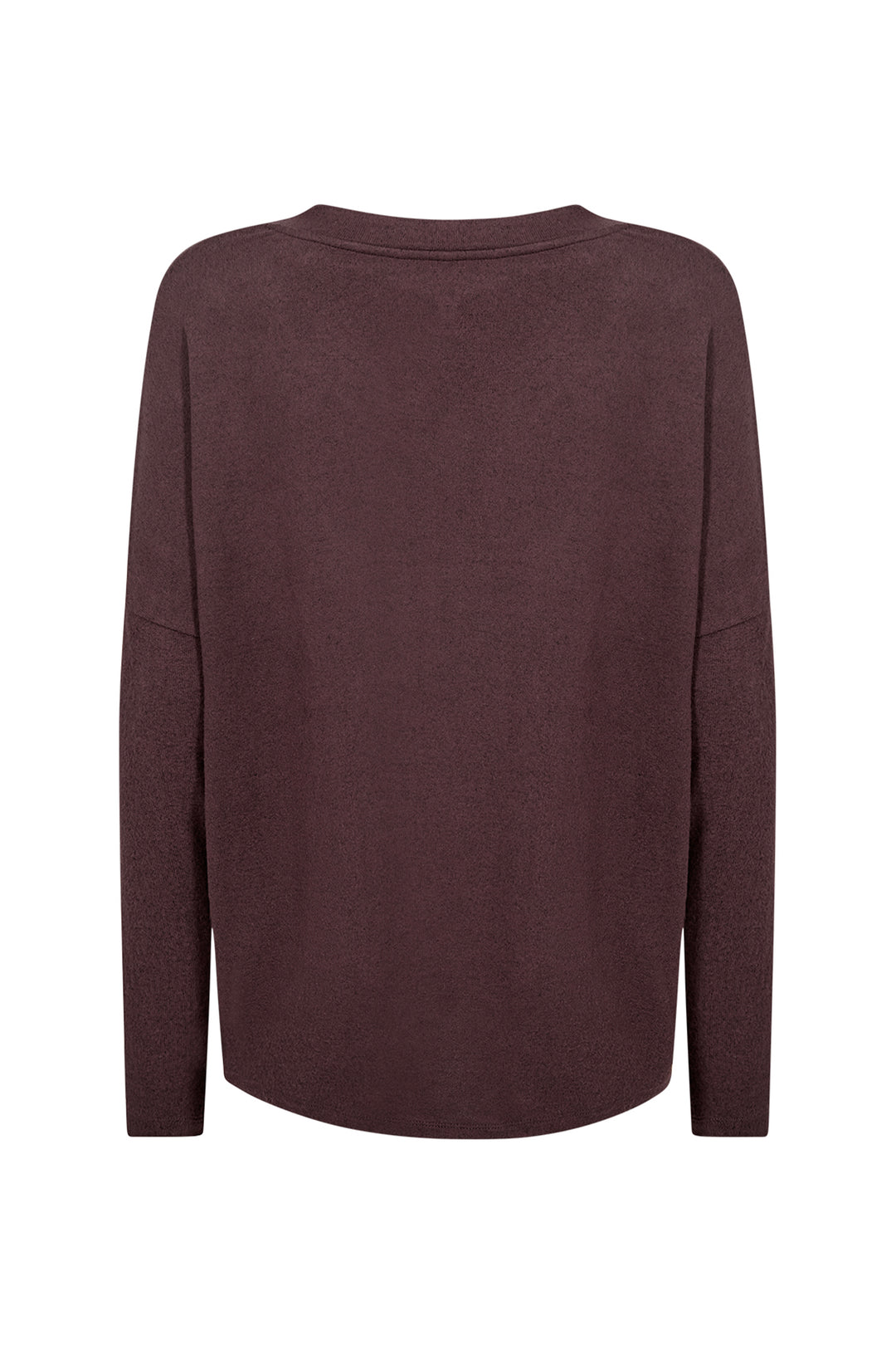 A dark plum-colored long-sleeve knit top shown from the back, displayed on a clean white background.
