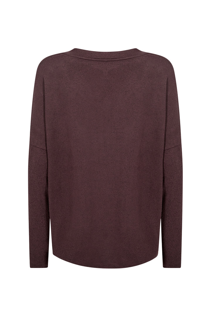 A dark plum-colored long-sleeve knit top shown from the back, displayed on a clean white background.