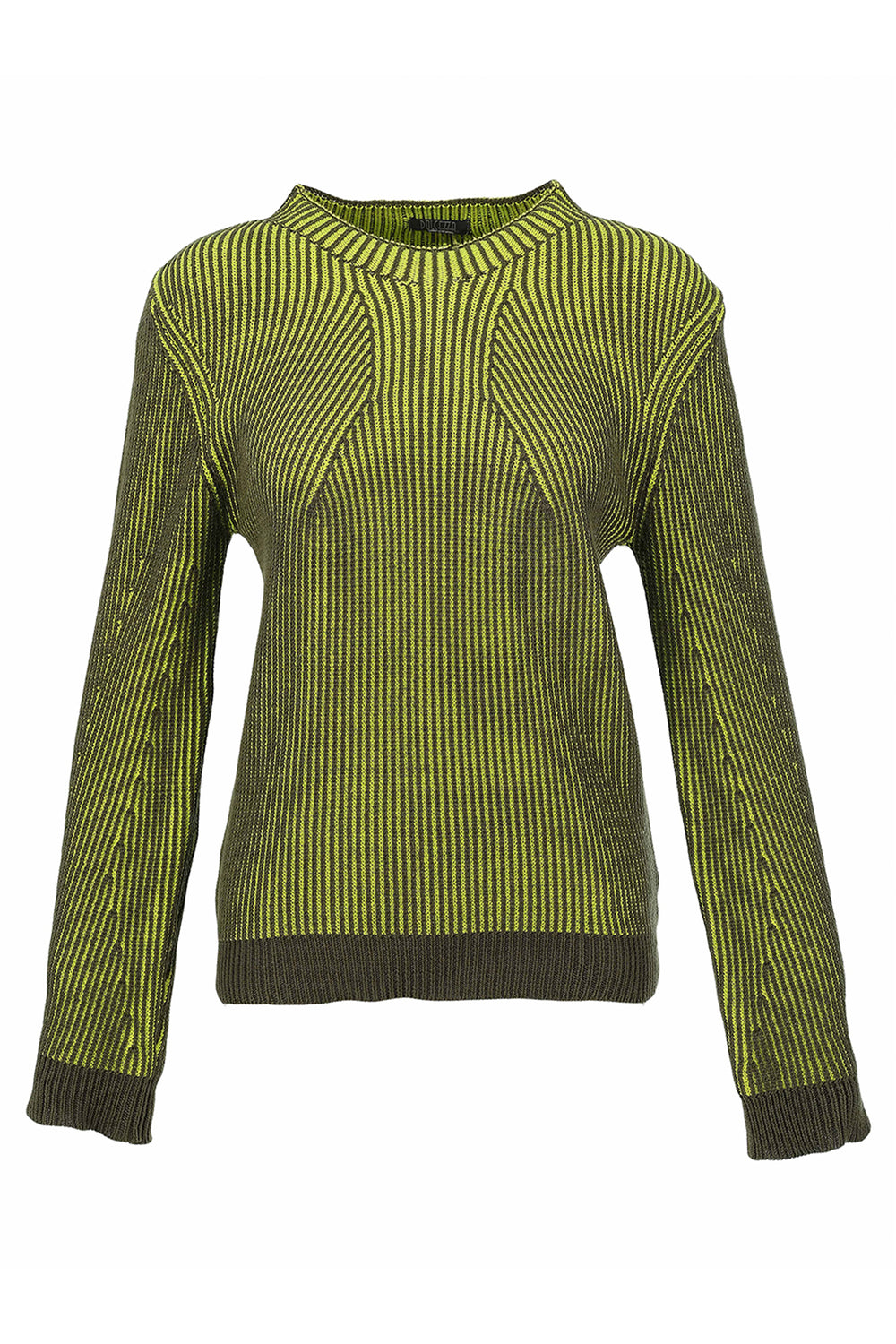 A long-sleeve knit sweater with vertical lime green and dark olive green stripes, featuring a crew neck and ribbed cuffs and hem.