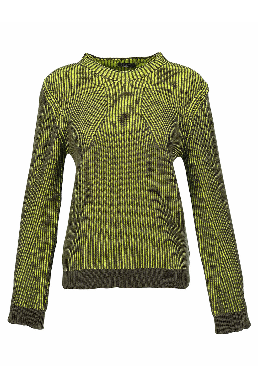 A long-sleeve knit sweater with vertical lime green and dark olive green stripes, featuring a crew neck and ribbed cuffs and hem.