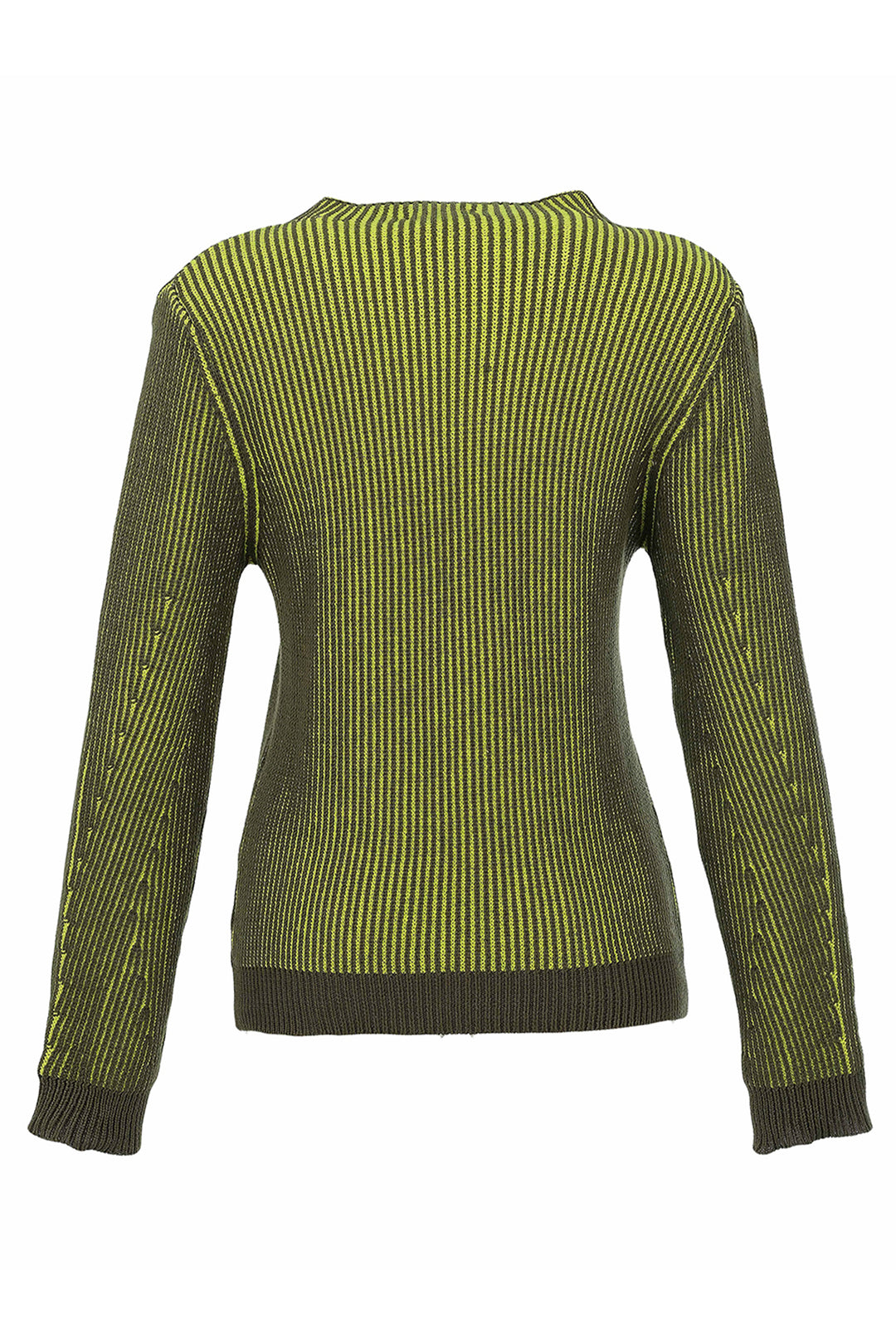 A green and yellow striped ribbed knit sweater shown from the back, featuring long sleeves and a crew neck on a plain white background.