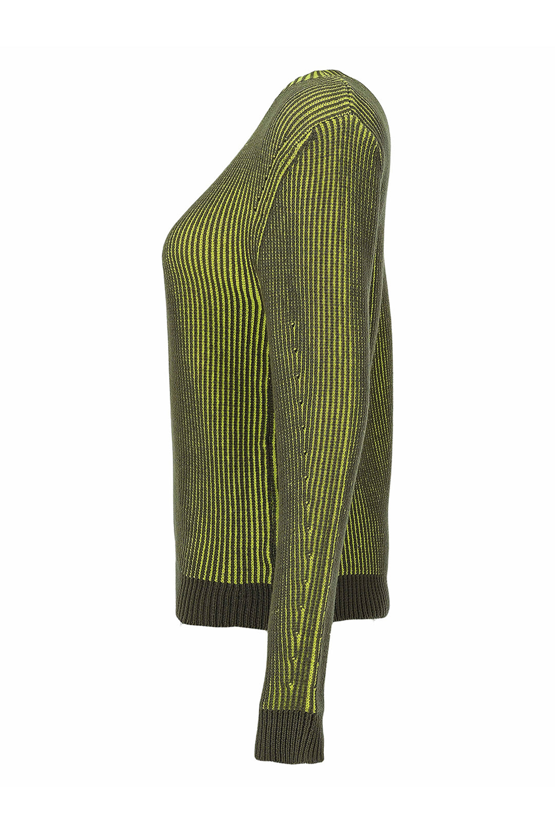 A long-sleeve ribbed knit sweater shown from the side profile on a plain white background.