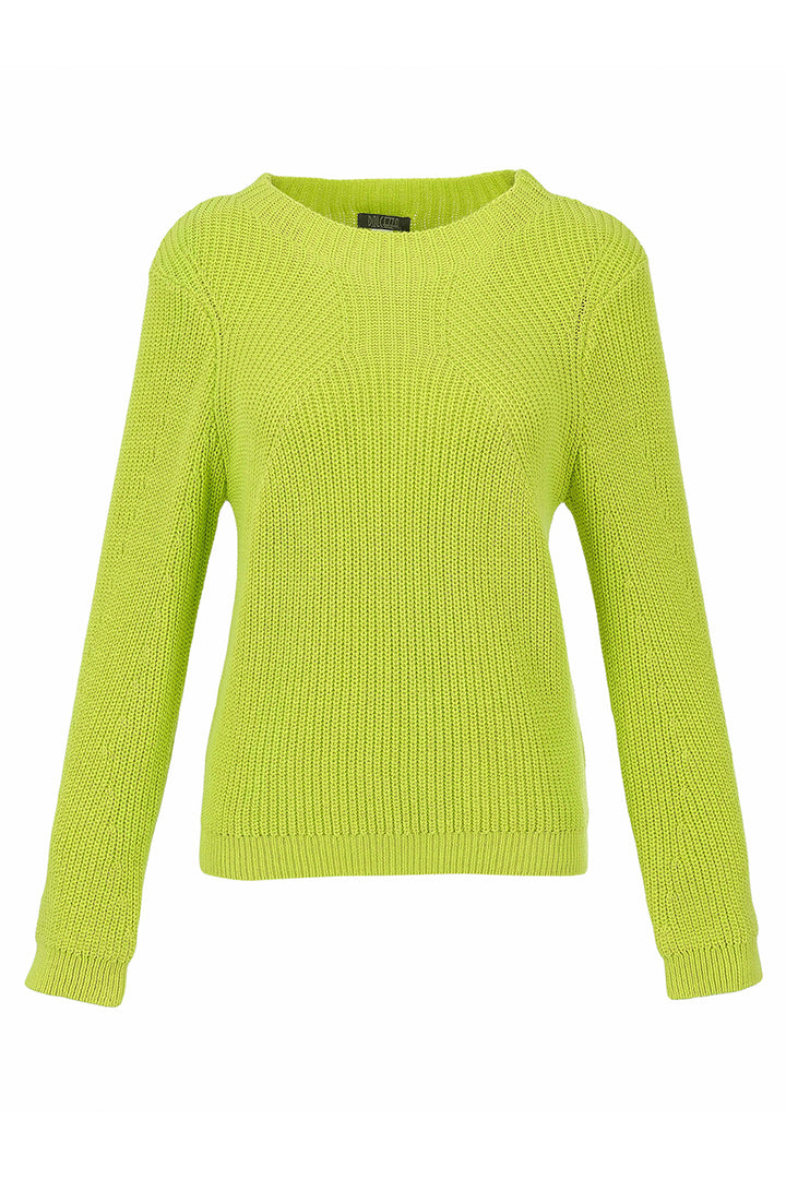 A bright lime green ribbed knit sweater with long sleeves and a crew neck, shown against a plain white background.
