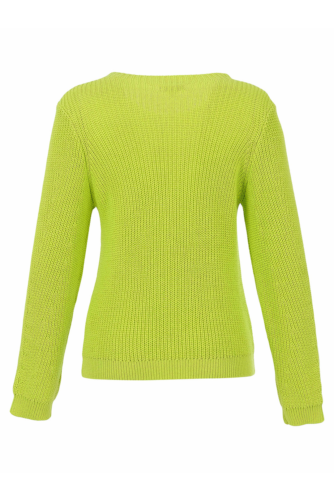 A bright lime green ribbed knit sweater with long sleeves and a crew neck, shown from the back on a plain white background.