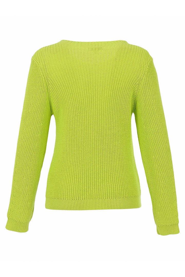A bright lime green ribbed knit sweater with long sleeves and a crew neck, shown from the back on a plain white background.