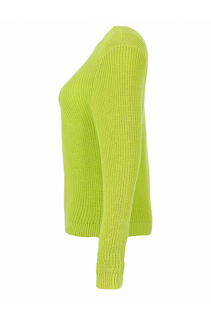 A bright lime green ribbed knit sweater with long sleeves and a crew neck, shown from the side on a plain white background.