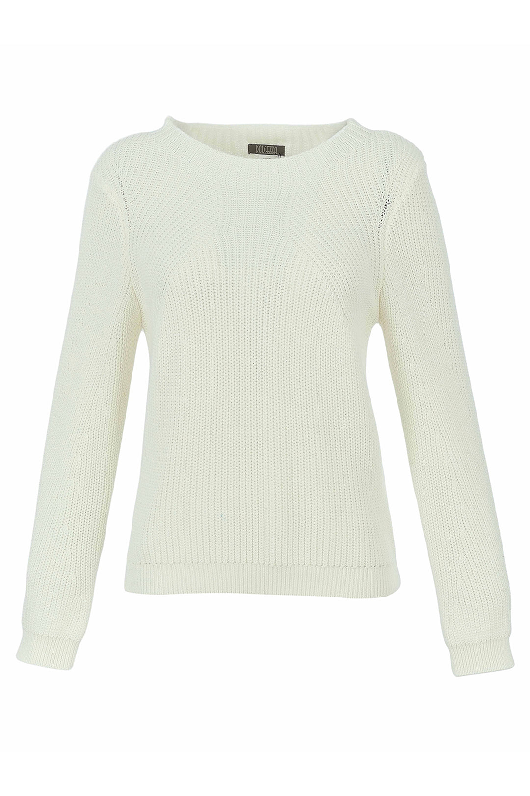 An off-white ribbed knit crewneck sweater with long sleeves, displayed on a clean white background.