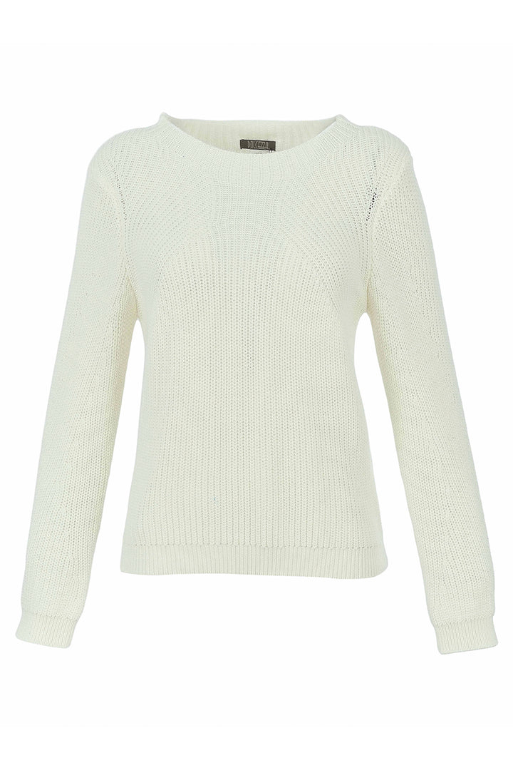An off-white ribbed knit crewneck sweater with long sleeves, displayed on a clean white background.
