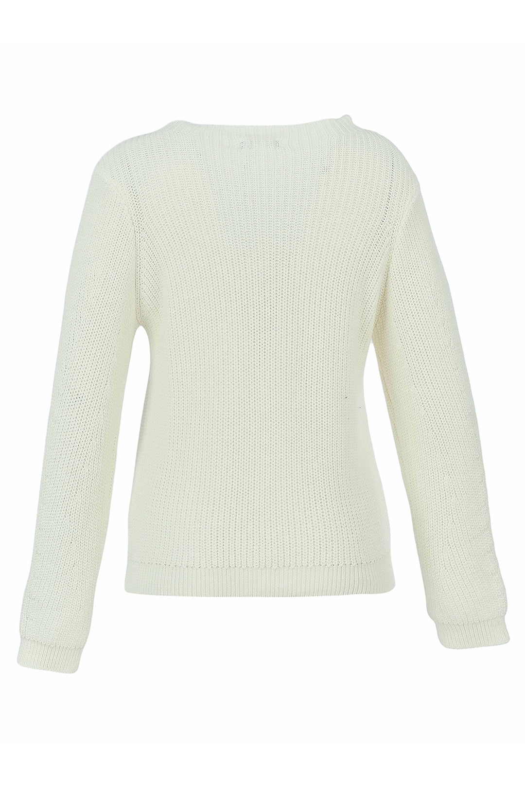 A cream-colored ribbed knit sweater with long sleeves and a crew neck, shown from the back on a plain white background.