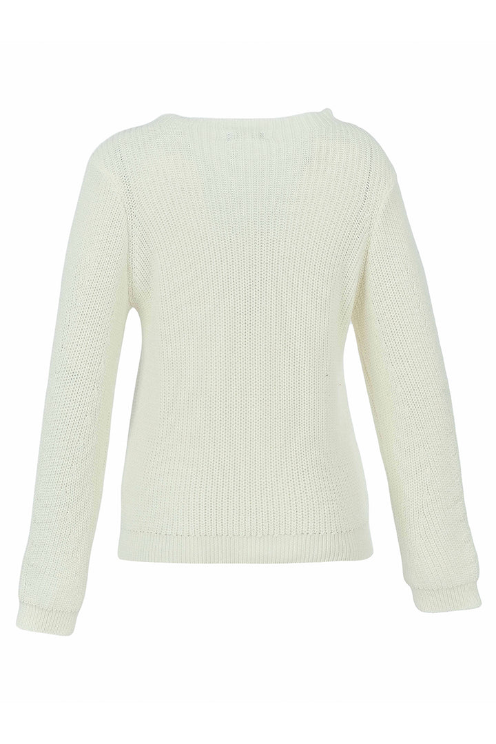 A cream-colored ribbed knit sweater with long sleeves and a crew neck, shown from the back on a plain white background.