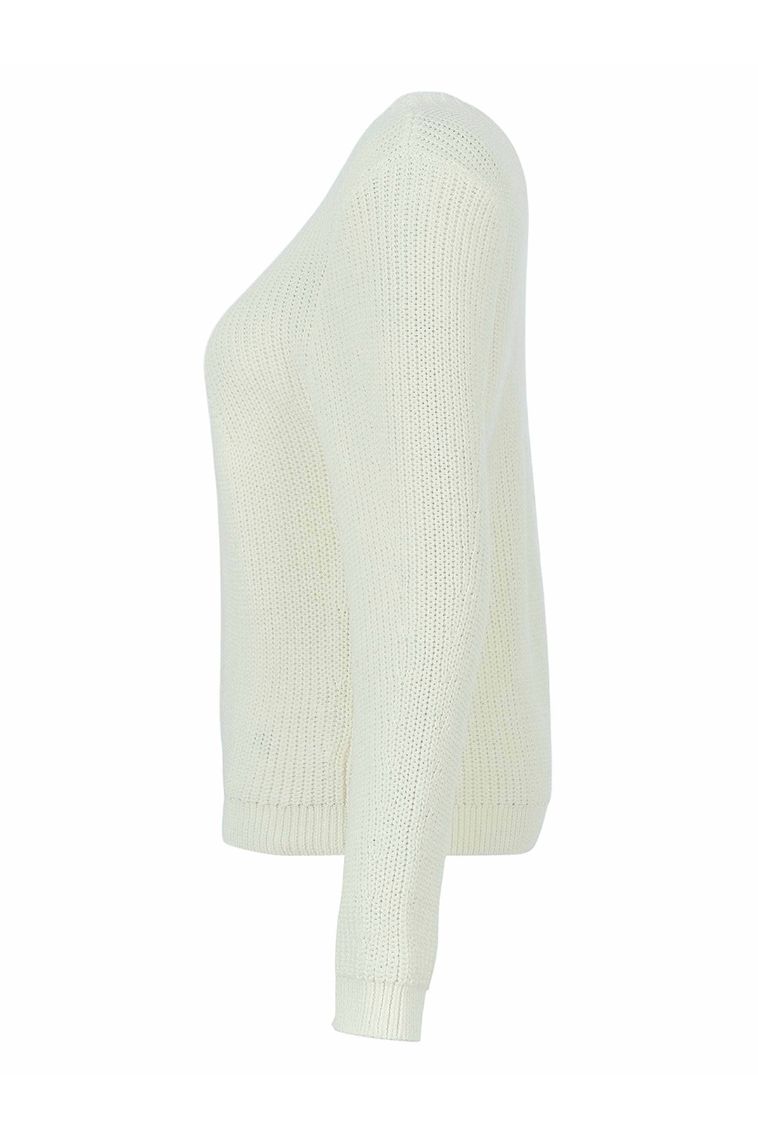 A cream-colored ribbed knit sweater with long sleeves and a crew neck, shown from the side on a plain white background.