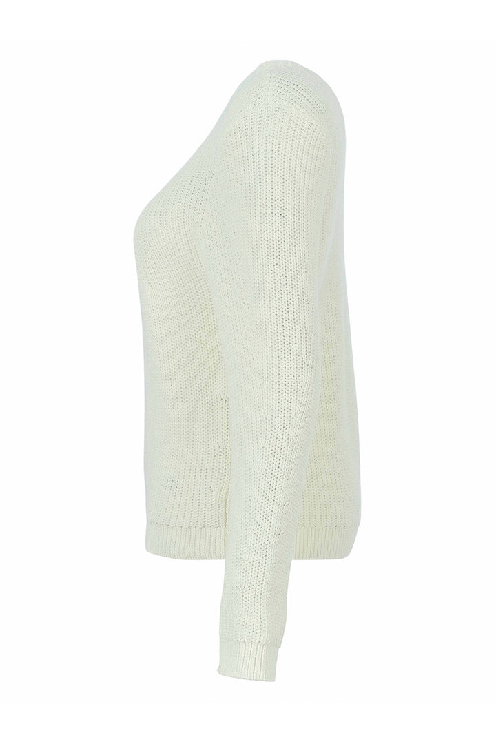 A cream-colored ribbed knit sweater with long sleeves and a crew neck, shown from the side on a plain white background.